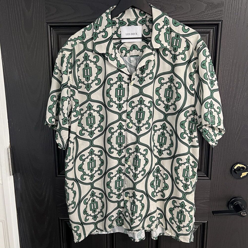 Les Deux Ornament Print Tencel Shirt Ivory/Green XL